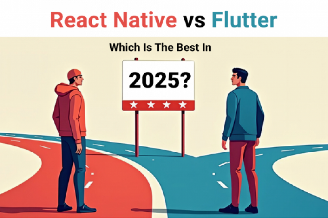 React Native vs Flutter 2025 comparison infographic showing framework