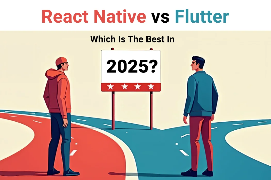 React Native vs Flutter 2025 comparison infographic showing framework